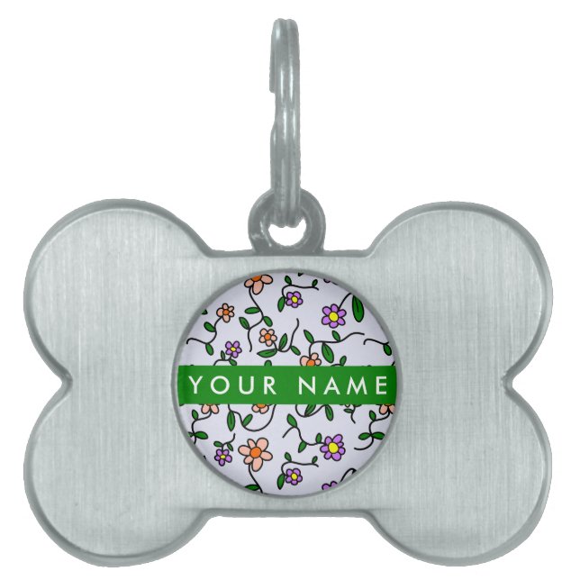 Colourful Flowers, Blue Background, Green Pet ID Tag (Front)