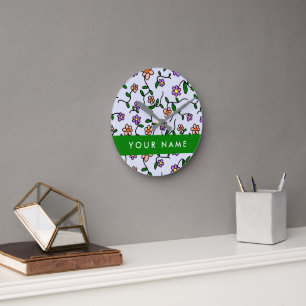Colourful Flowers, Blue Background, Green Round Clock