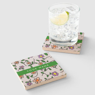 Colourful Flowers, Blue Background, Green Stone Coaster