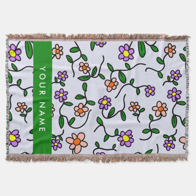 Colourful Flowers, Blue Background, Green Throw Blanket (Front)