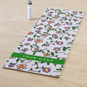 Colourful Flowers, Blue Background, Green Yoga Mat