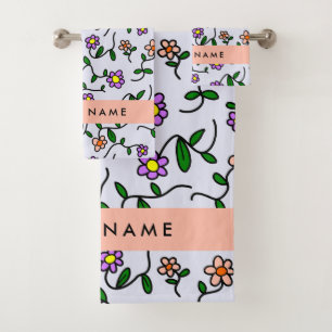 Colourful Flowers, Blue Background, Orange Bath Towel Set
