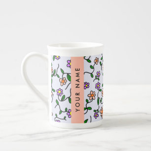 Colourful Flowers, Blue Background, Orange Bone China Mug