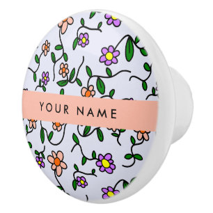 Colourful Flowers, Blue Background, Orange Ceramic Knob