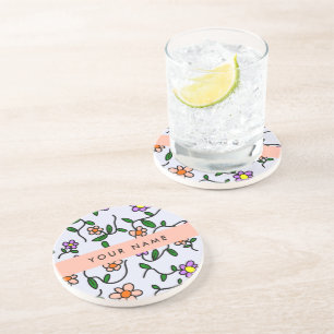 Colourful Flowers, Blue Background, Orange Coaster