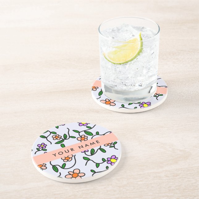 Colourful Flowers, Blue Background, Orange Coaster (Side)