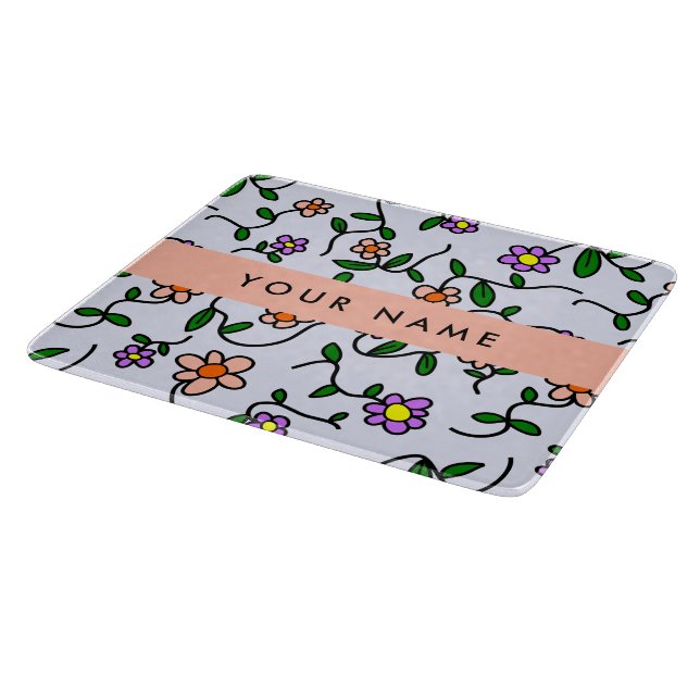 Colourful Flowers, Blue Background, Orange Cutting Board (Corner)
