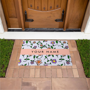 Colourful Flowers, Blue Background, Orange Doormat