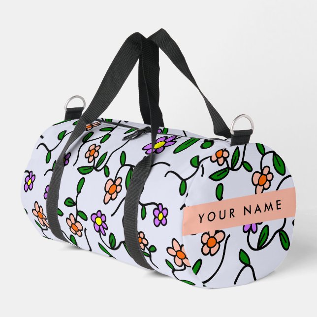 Colourful Flowers, Blue Background, Orange Duffle Bag (Left Corner)