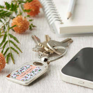 Colourful Flowers, Blue Background, Orange Key Ring