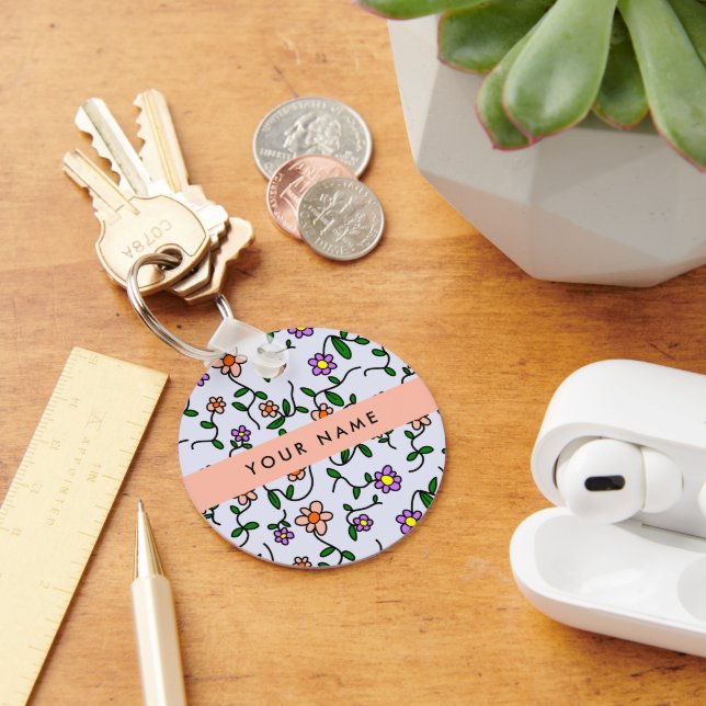 Colourful Flowers, Blue Background, Orange Key Ring (Desk)