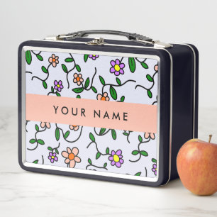 Colourful Flowers, Blue Background, Orange Metal Lunch Box
