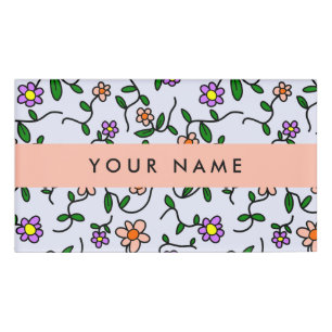 Colourful Flowers, Blue Background, Orange Name Tag