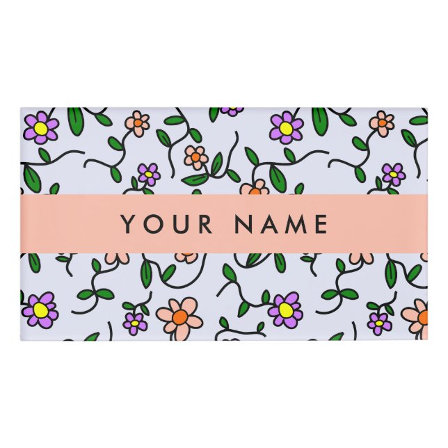 Colourful Flowers, Blue Background, Orange Name Tag (Front)