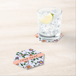Colourful Flowers, Blue Background, Orange Paper Coaster