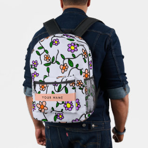 Colourful Flowers, Blue Background, Orange Printed Backpack