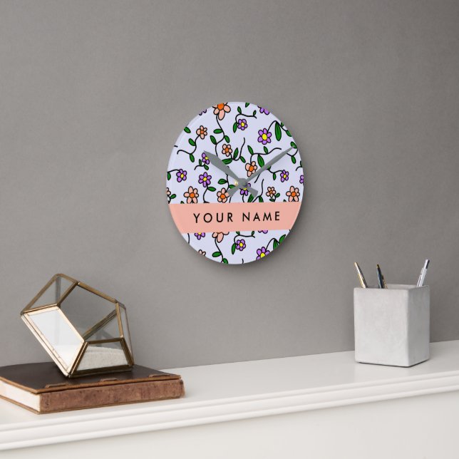 Colourful Flowers, Blue Background, Orange Round Clock (Office)