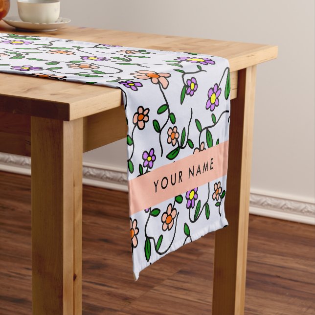 Colourful Flowers, Blue Background, Orange Short Table Runner (In Situ)