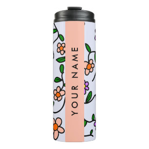 Colourful Flowers, Blue Background, Orange Thermal Tumbler