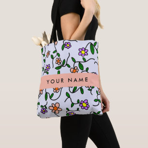 Colourful Flowers, Blue Background, Orange Tote Bag