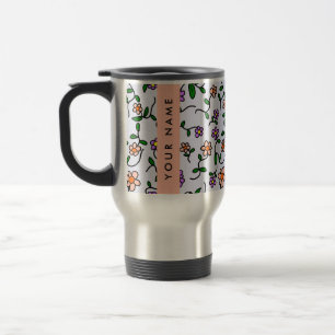 Colourful Flowers, Blue Background, Orange Travel Mug