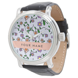 Colourful Flowers, Blue Background, Orange Watch