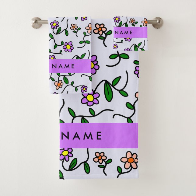Colourful Flowers, Blue Background, Purple Bath Towel Set (Insitu)
