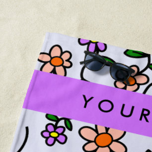 Colourful Flowers, Blue Background, Purple Beach Towel