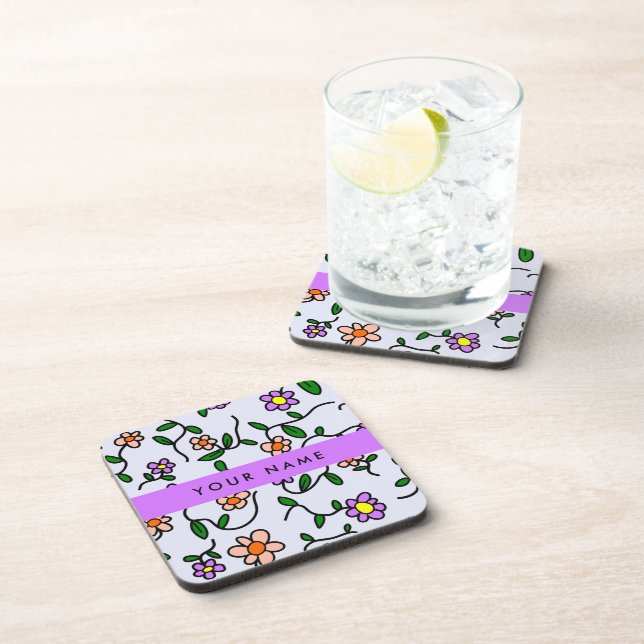 Colourful Flowers, Blue Background, Purple Coaster (Right Side)