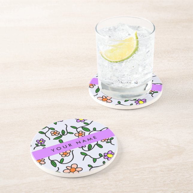 Colourful Flowers, Blue Background, Purple Coaster (Side)