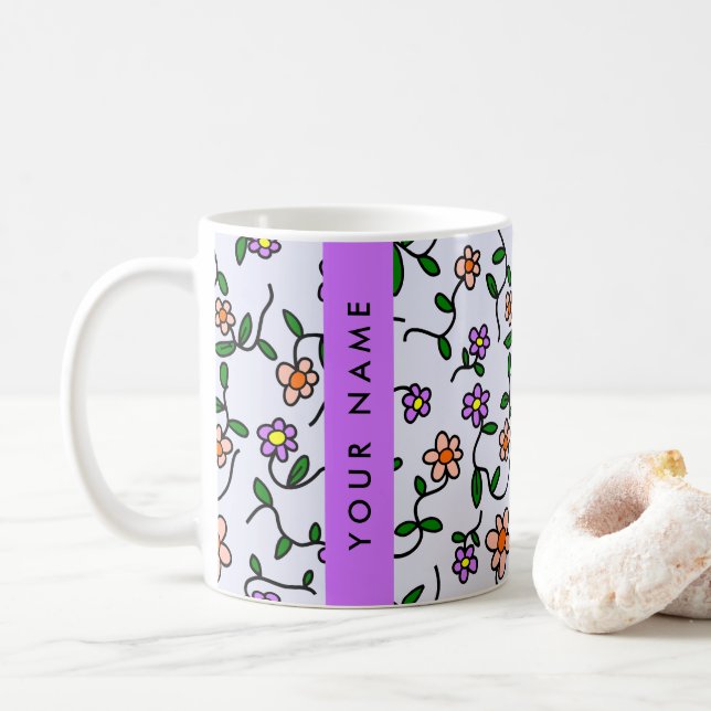 Colourful Flowers, Blue Background, Purple Coffee Mug (With Donut)