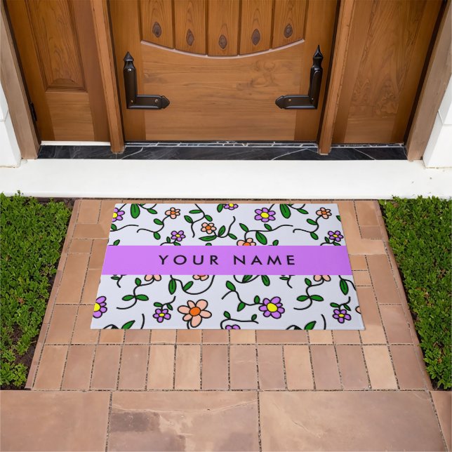 Colourful Flowers, Blue Background, Purple Doormat (Outdoor)