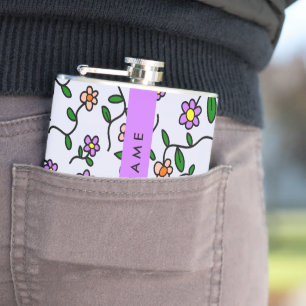 Colourful Flowers, Blue Background, Purple Hip Flask