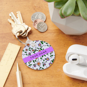 Colourful Flowers, Blue Background, Purple Key Ring