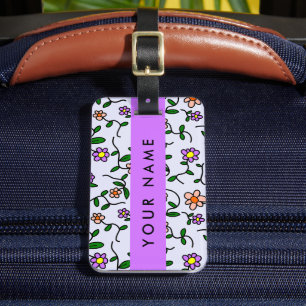 Colourful Flowers, Blue Background, Purple Luggage Tag