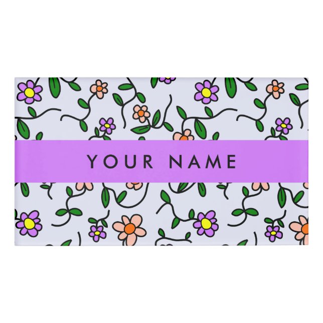 Colourful Flowers, Blue Background, Purple Name Tag (Front)