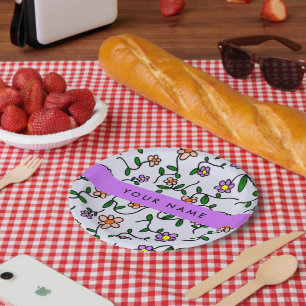 Colourful Flowers, Blue Background, Purple Paper Plate