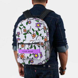 Colourful Flowers, Blue Background, Purple Printed Backpack