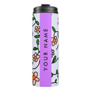 Colourful Flowers, Blue Background, Purple Thermal Tumbler