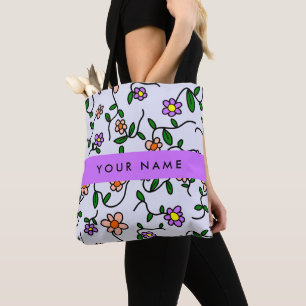 Colourful Flowers, Blue Background, Purple Tote Bag