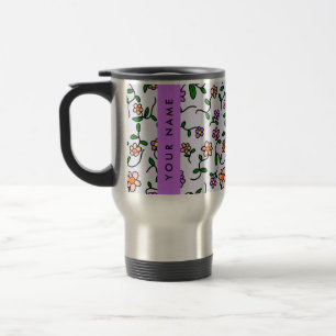Colourful Flowers, Blue Background, Purple Travel Mug