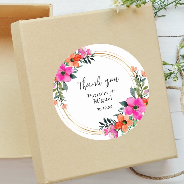 Colourful Flowers Botanical Wedding Thank You Classic Round Sticker (Creator Uploaded)