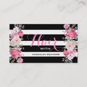 Colourful Flowers Bouquet Black & White Stripes Business Card
