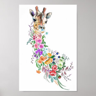 Colourful Flowers Bouquet Giraffe - Drawing Floral Poster