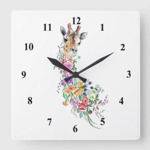 Colourful Flowers Bouquet Giraffe - Drawing Floral Square Wall Clock