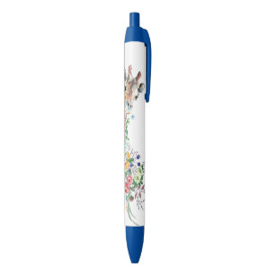 Colourful Flowers Bouquet Giraffe - Drawing Modern Blue Ink Pen