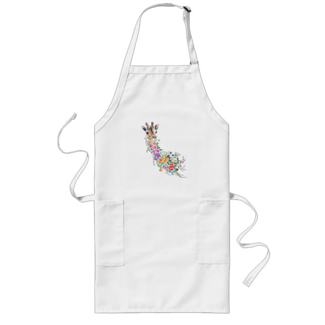 Colourful Flowers Bouquet Giraffe - Drawing Modern Long Apron (Front)