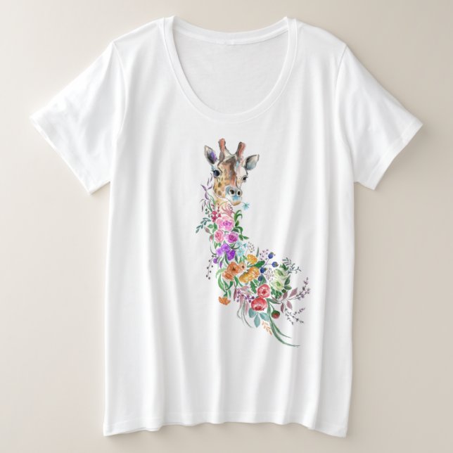 Colourful Flowers Bouquet Giraffe - Drawing Modern Plus Size T-Shirt (Design Front)
