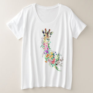 Colourful Flowers Bouquet Giraffe - Drawing Modern Plus Size T-Shirt