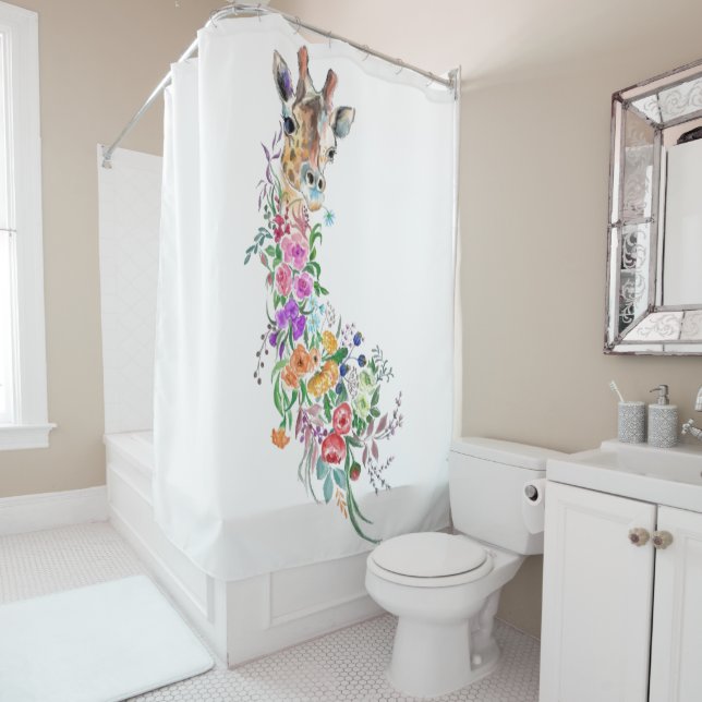 Colourful Flowers Bouquet Giraffe - Drawing Modern Shower Curtain (In Situ)